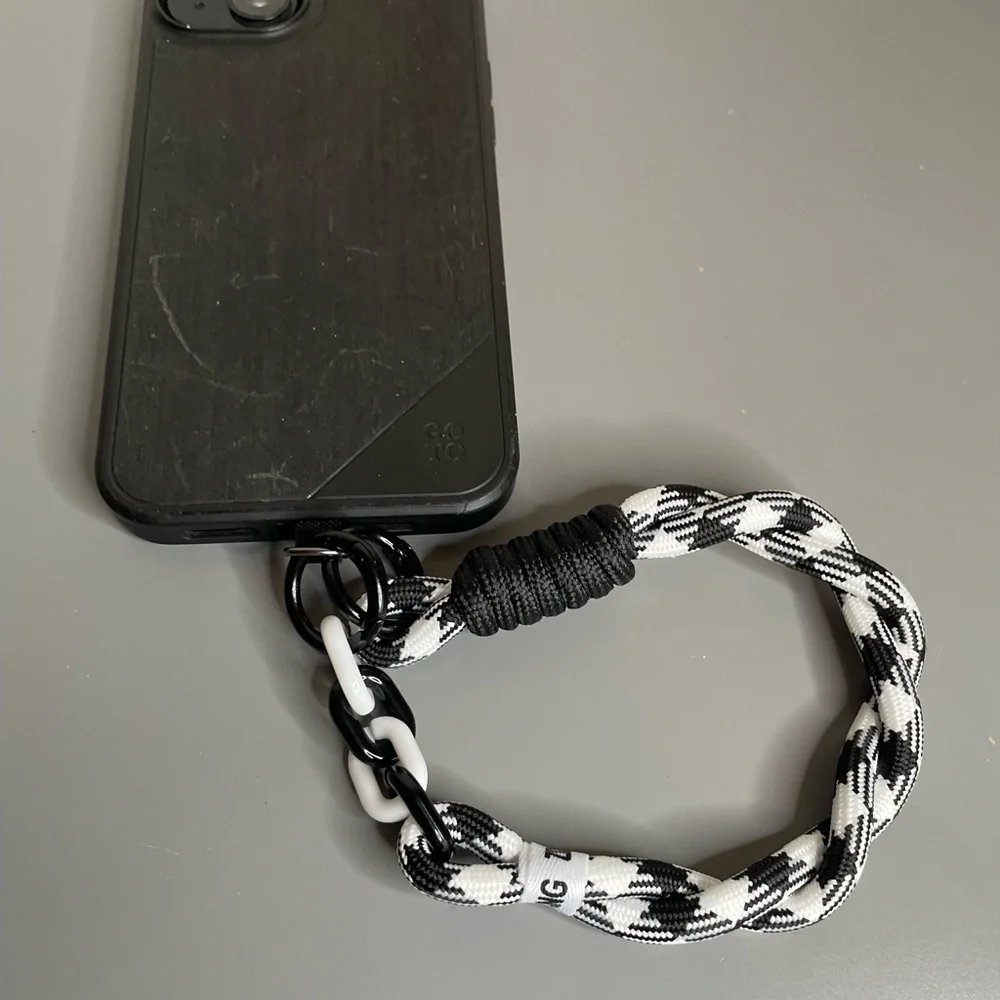 Men’s Black & White Braided Phone Wrist Lanyard with Chain Accent